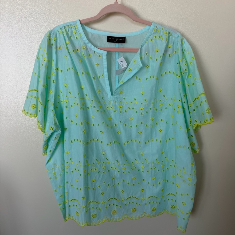 LANE BRYANT Teal Blue & Lime Green Eyelet Trim Blouse